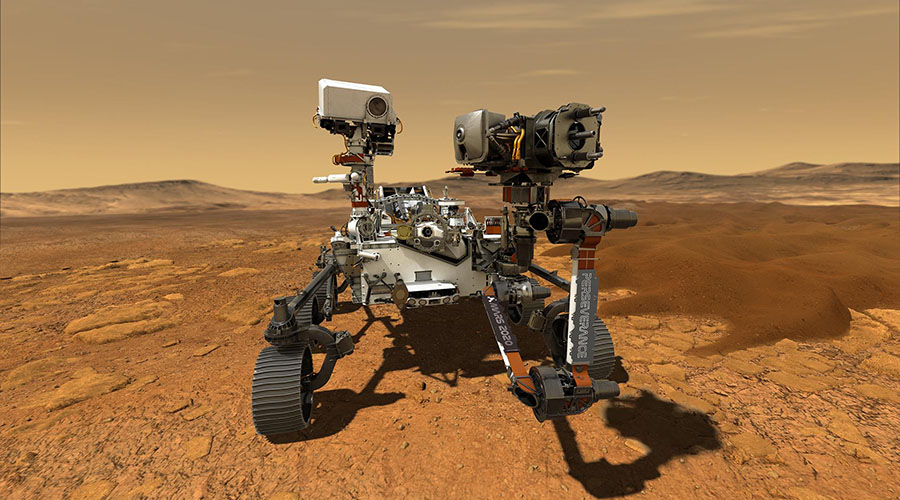 An illustration depicts NASA's Perseverance rover operating on the surface of Mars.