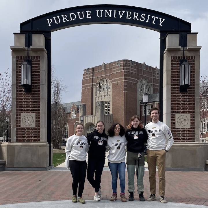 Grad students in the Bramson and Sori research groups after stocking up on some Mars Explorer swag at the Purdue Bookstore