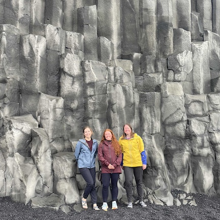 Riley, collaborator Emileigh, and Ali with columnar basalts in Iceland