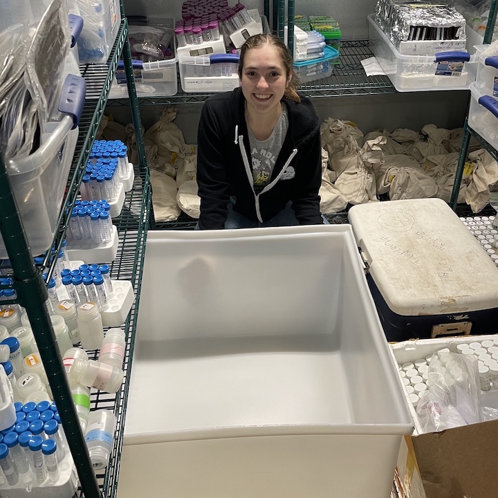 Riley inside the -20C walk-in freezer with experimental box