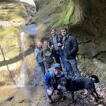 Some Bramson and Sori research group members (and "the Lab's lab") hiking in nearby Turkey Run State Park