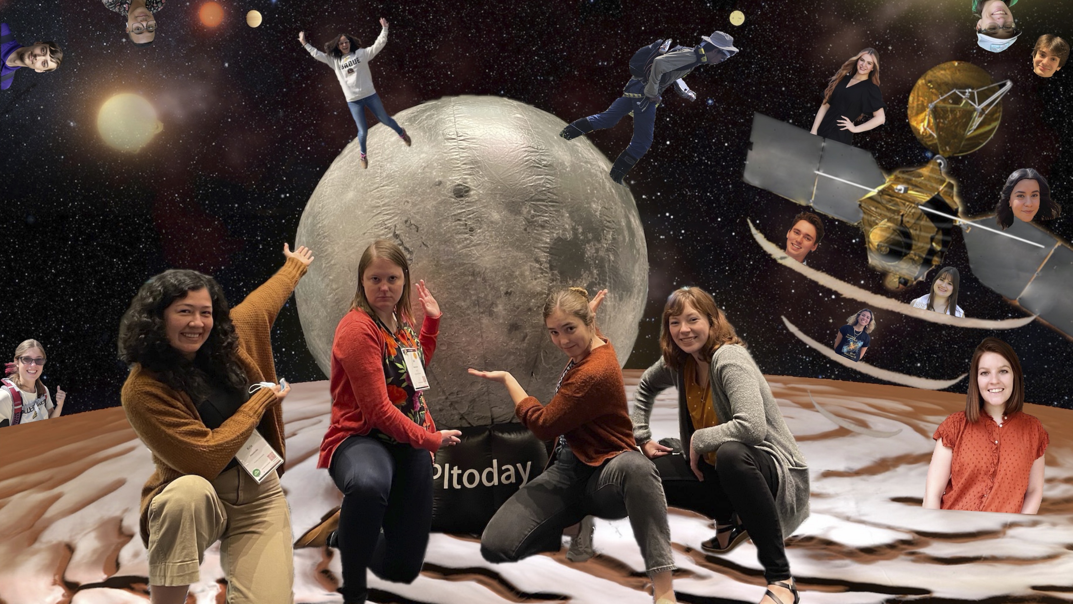 Bramson group (current and some recent alums) in a photocollage on Mars with the Moon and spacecraft flying overhead