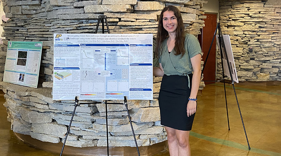 Undergraduate Adriana Brown with her NGRREC poster, presenting her findings at the annual Intern Symposium.