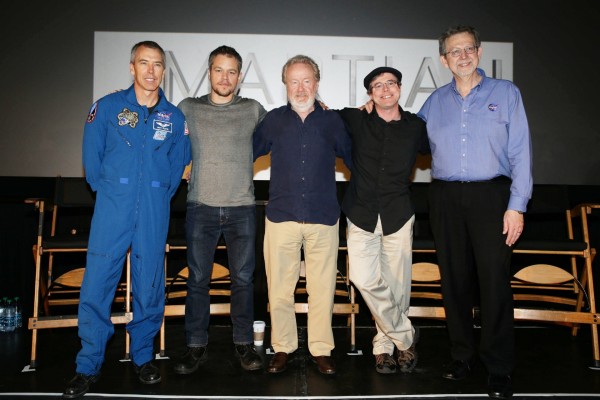 Drew Feustel, Matt Damon, Director Ridley Scott, author Andy Weir and Dr. Jim Green, the Director of the Planetary Science Division of Nasa at the Trailer Launch Event for the movie on Aug. 18, 2015.