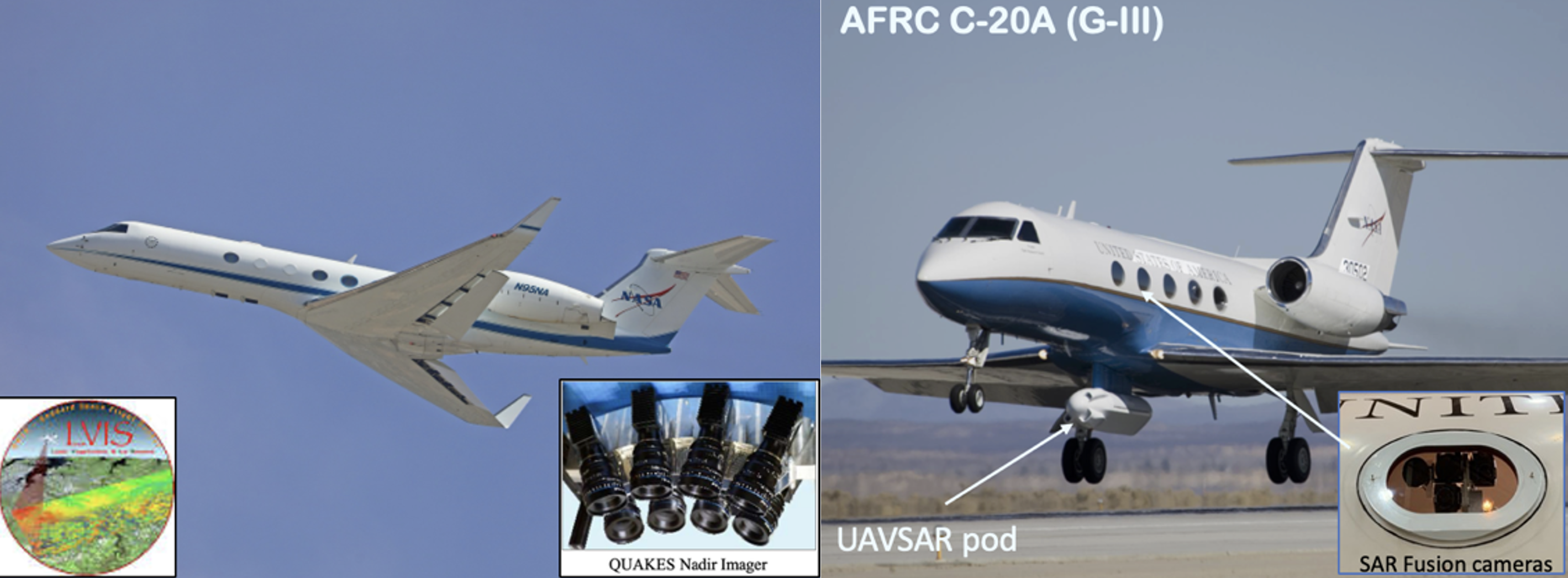 Photos of the two NASA aircraft with labels of instruments on each