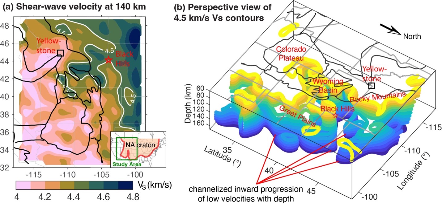Seismic shear-wave velocity at a depth of 140 kilometers, left, and a perspective view of 4.5 kilometers per second shear-wave velocity contours, right.