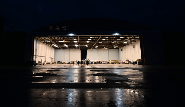 The hangar in the early morning before the launch