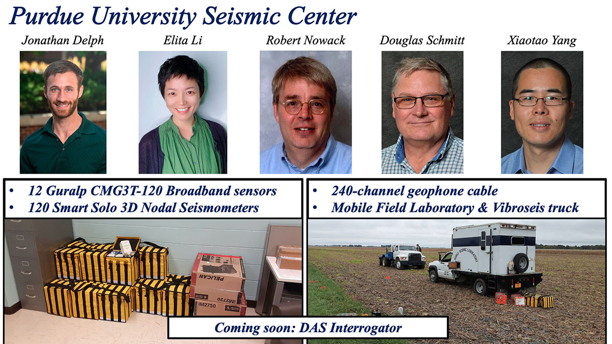 The Seismic Center has 12 Guralp CMG3T-120 broadband sensors, 120 Smart Solo 3D Nodal Seismometers, 240-channel geophone cable, and a mobile field laboratory and Vibroseis truck. Coming soon: DAS Interrogator.
