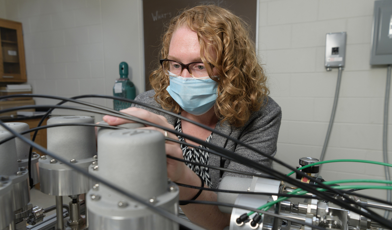 Dr. Tremblay in the noble gas mass spectrometry lab.