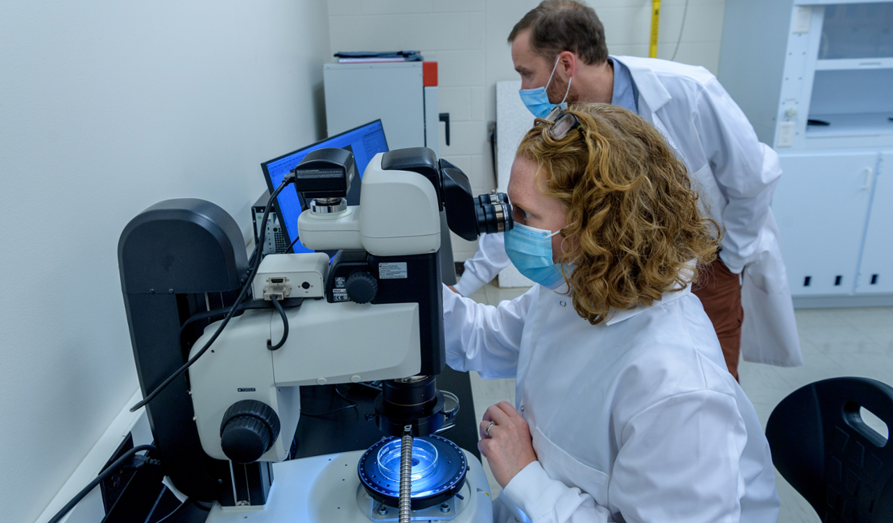 Two lab members using the microscope.